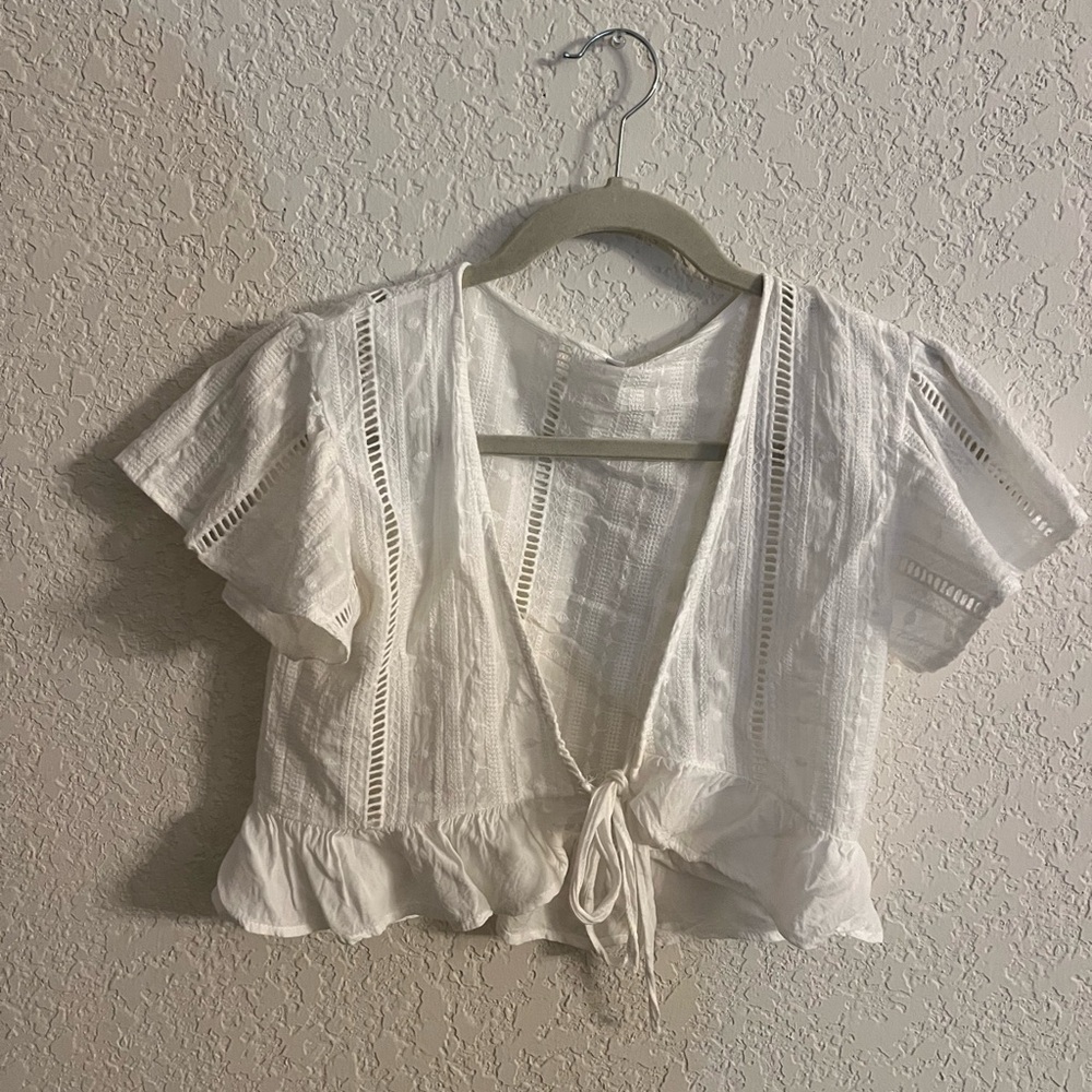 White Ruffle Trim Women Top